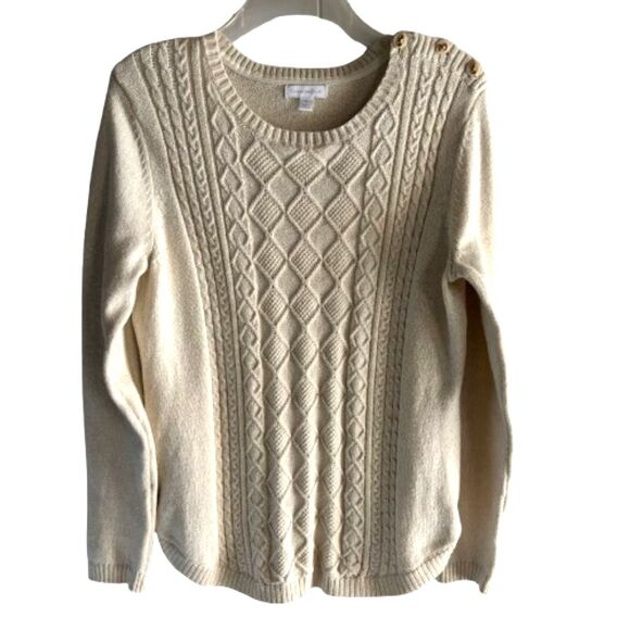 Charter Club Festive Cable Knit Size M Accent Button Metallic Gold Tan Sweater C - Picture 1 of 6